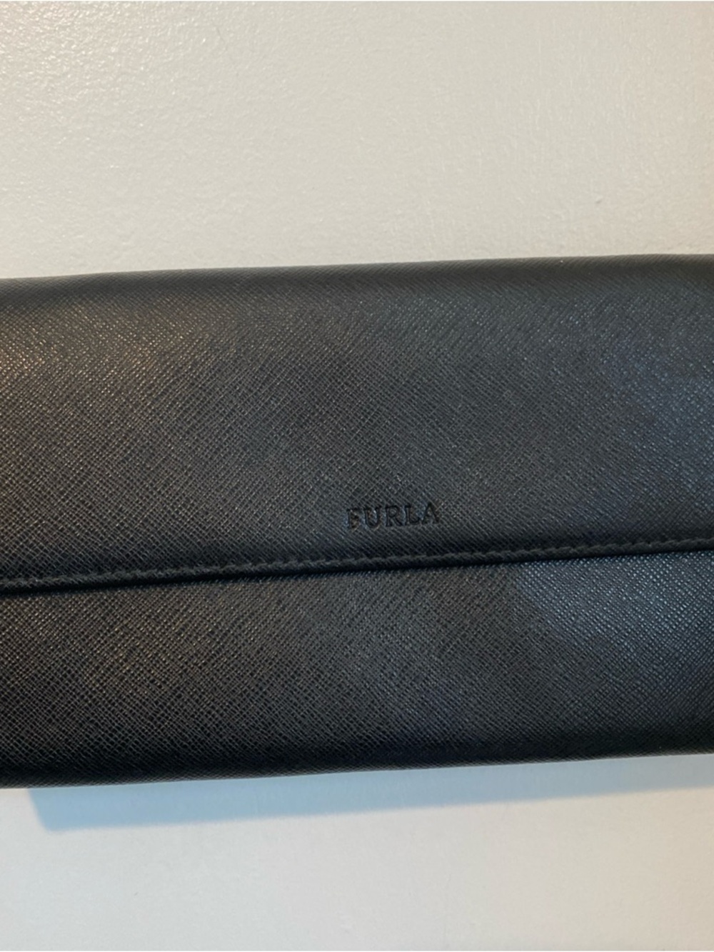 Furla Black Saffiano Fold-Over Wallet Clutch broken strap chain